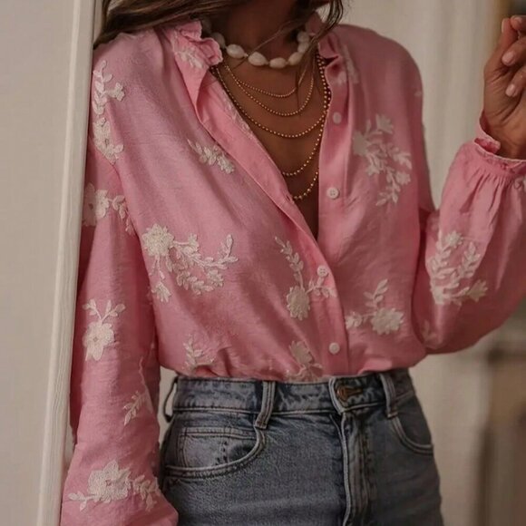 Bestselling Pink Casual Women's Embroidered Ruffle Hem Blouse top - Picture 2 of 6